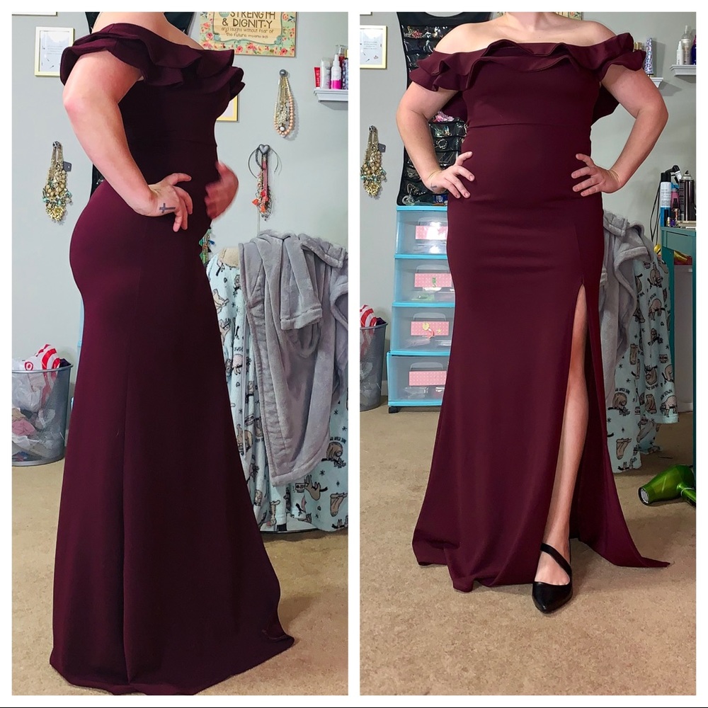 Burgundy gown with navy blue furry shawl